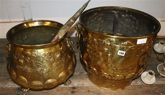 2 brass coal scuttles, preserving pan, bellows & brass sailor